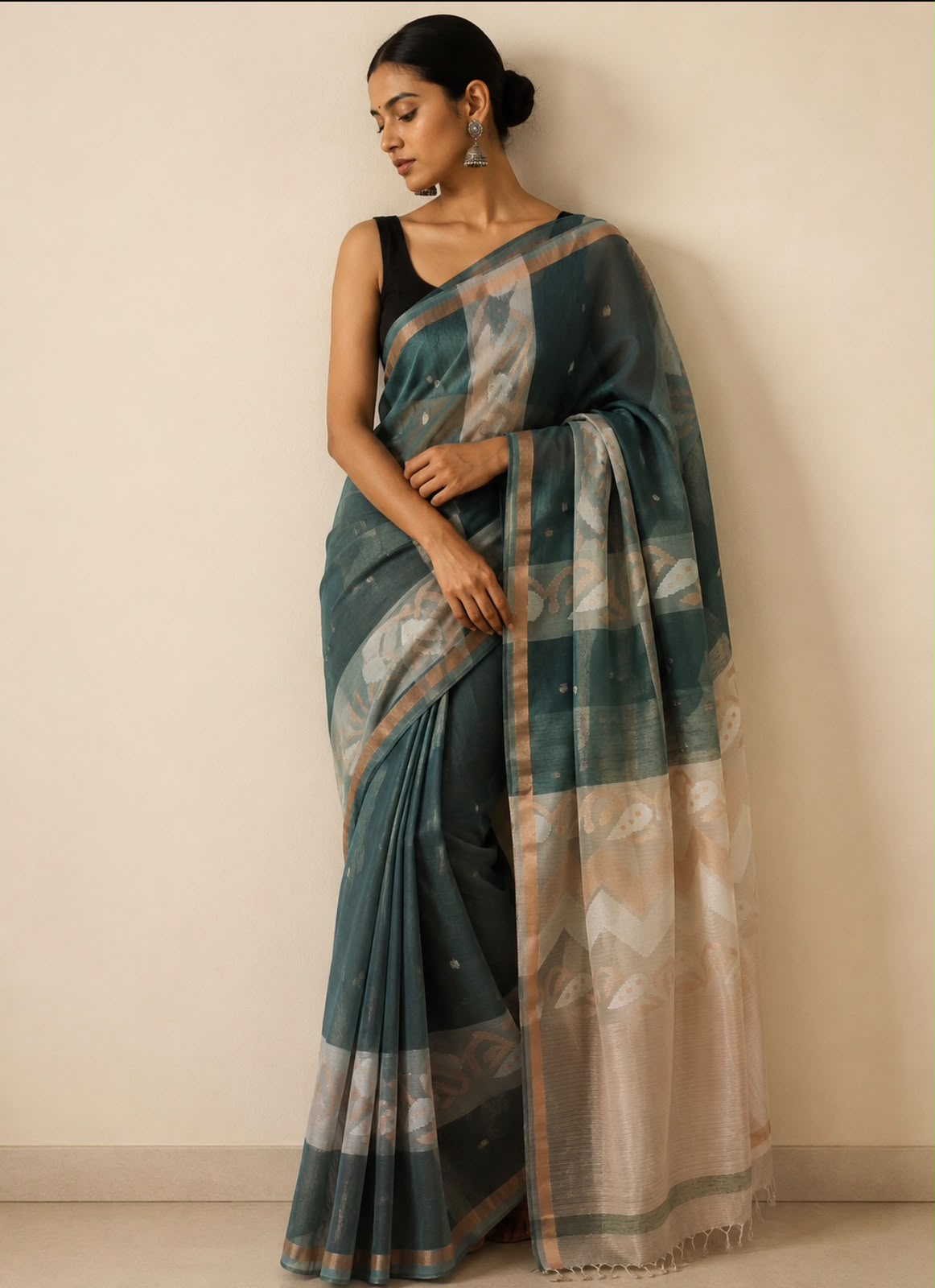 Off White Green Jamdani Matka Silk Saree