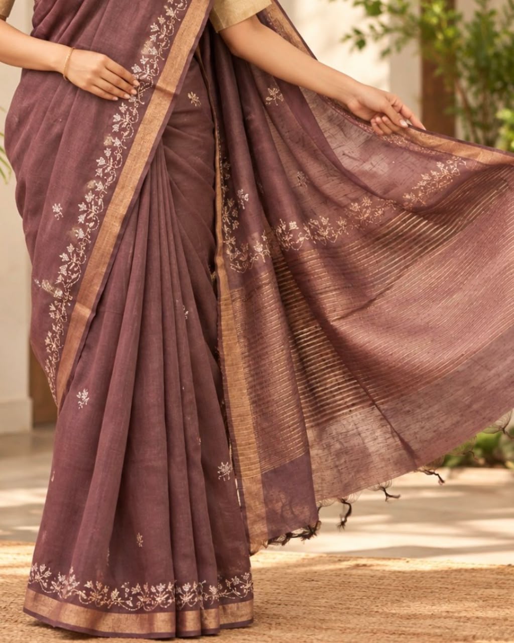 Brown Floral Kantha Embroidery Mulberry Silk Saree