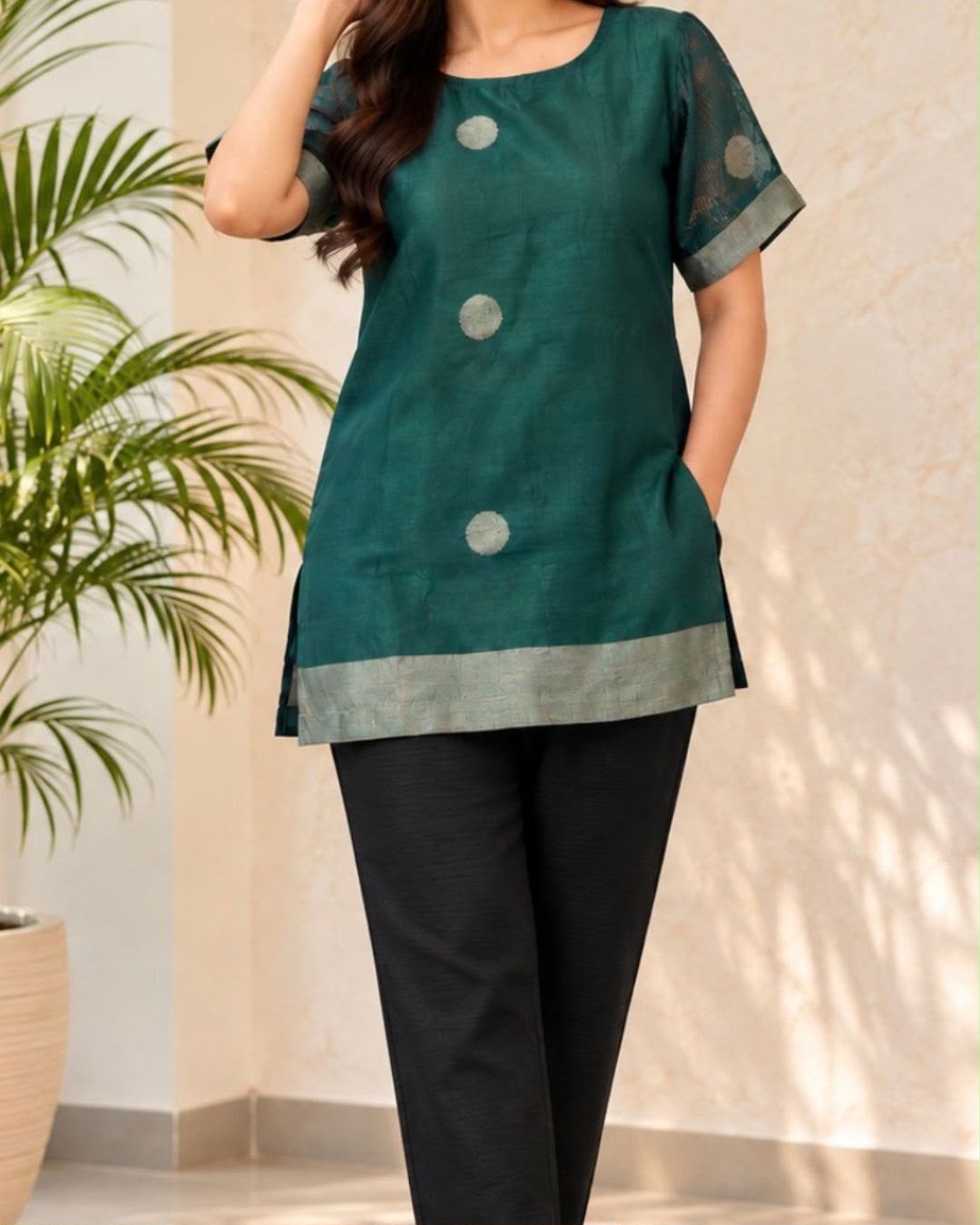 Bottle Green Round Neck Silver Boota Uppda Silk Cotton Blouse