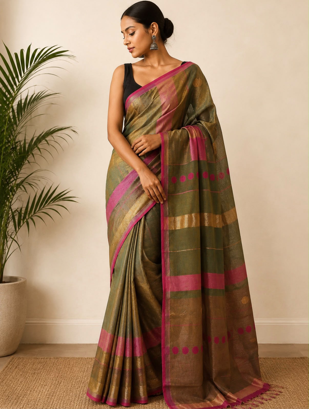 Green Pink Jamdani Tussar Silk Saree