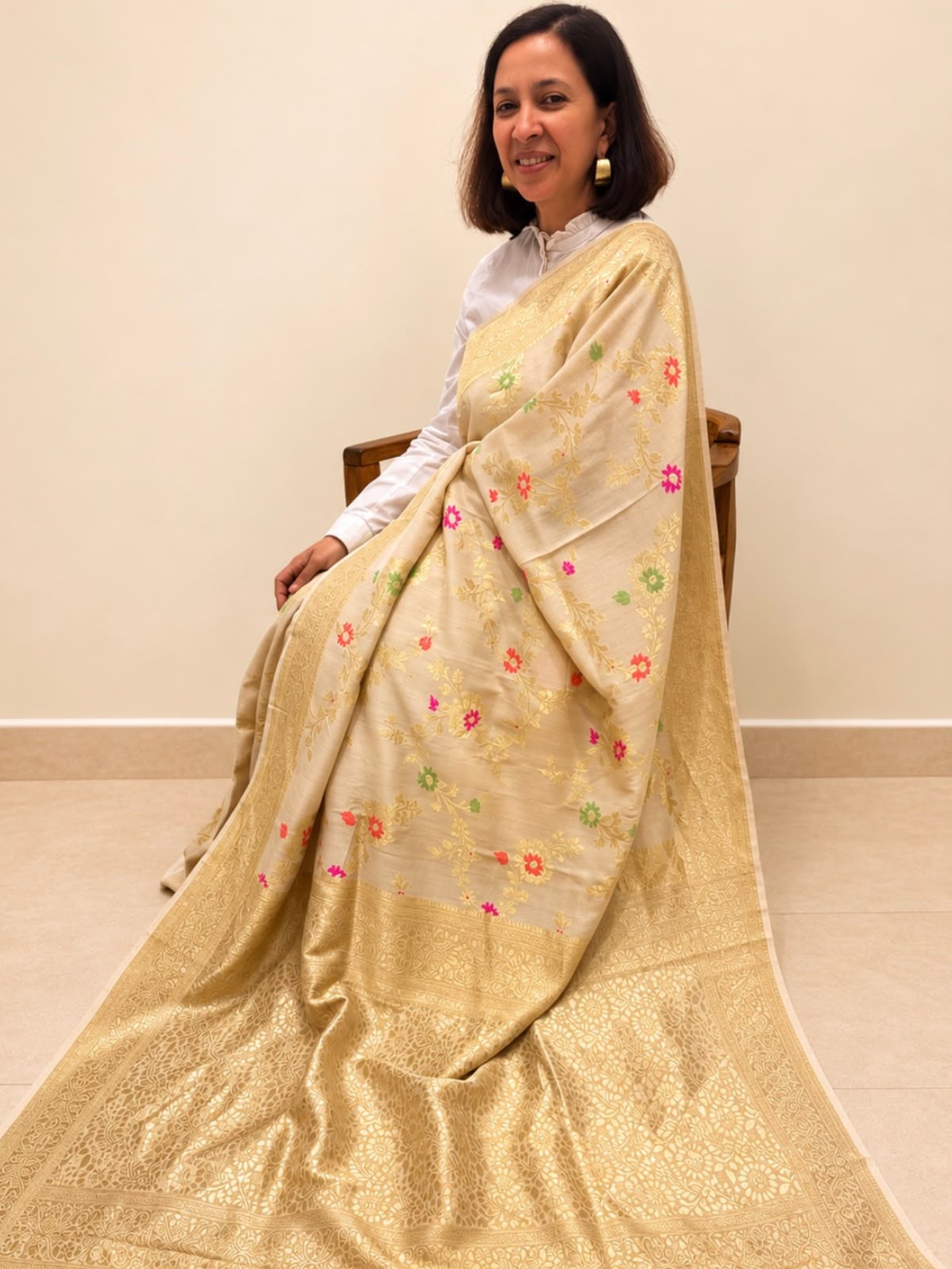 Beige Floral Tussar Georgette Banarasi