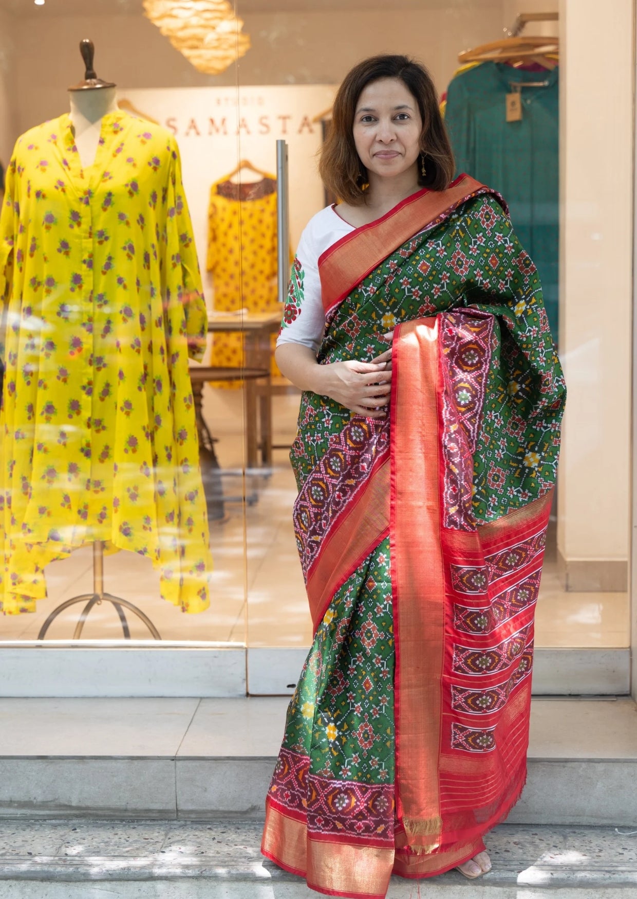 Green and Red Silk Ikat Saree