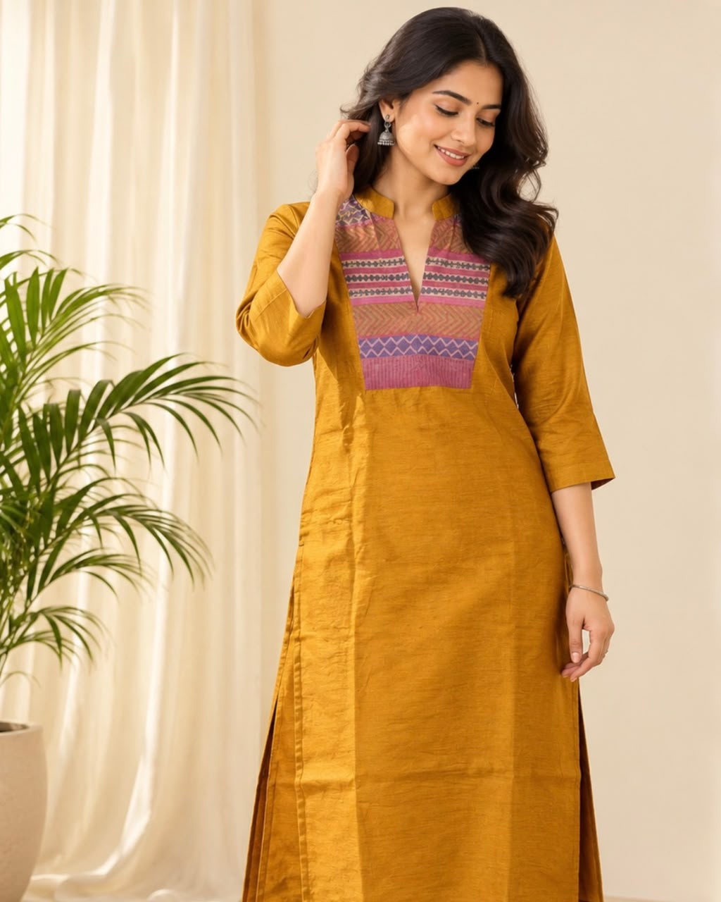 Mustard Chinese Collar Printed Yoke Tussar Silk Kurta