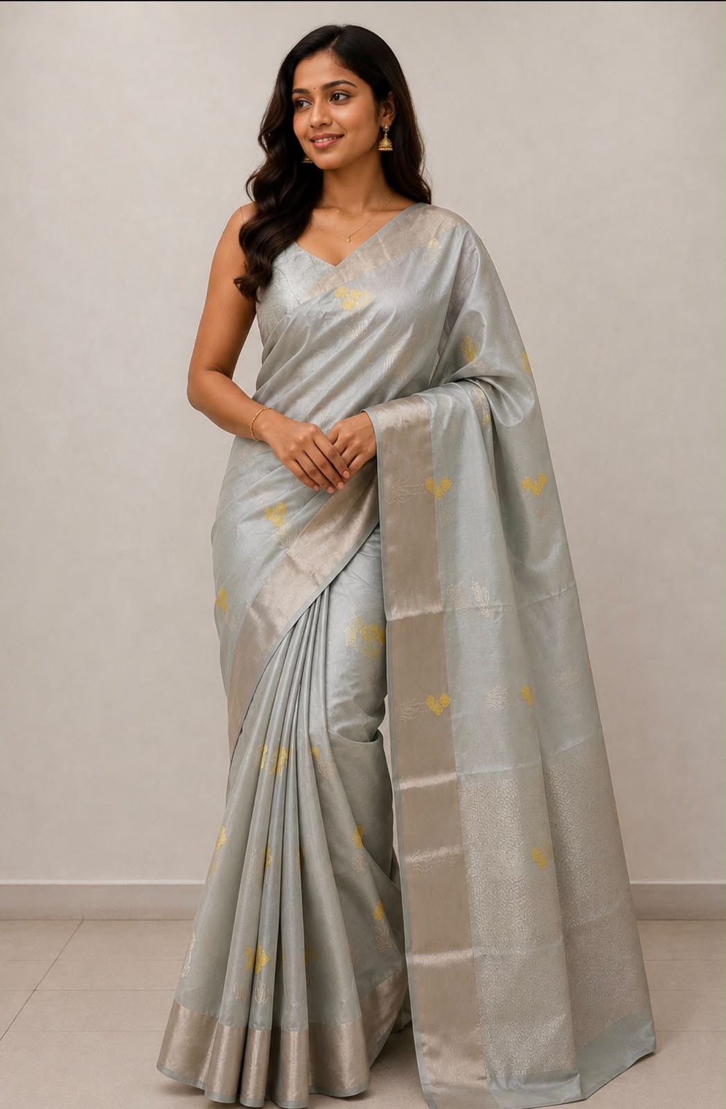 Grey Yellow Butta Chanderi Silk Saree