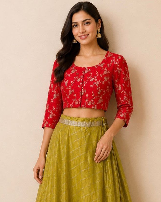 Red Banarasi Brocade Silk Blouse - samasta.in #
