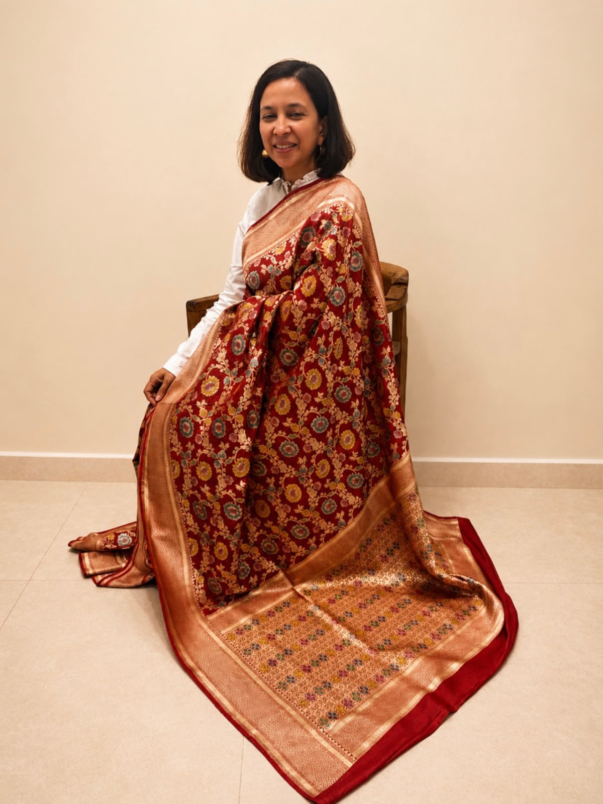 Maroon Banarasi Handpainted Silk Saree