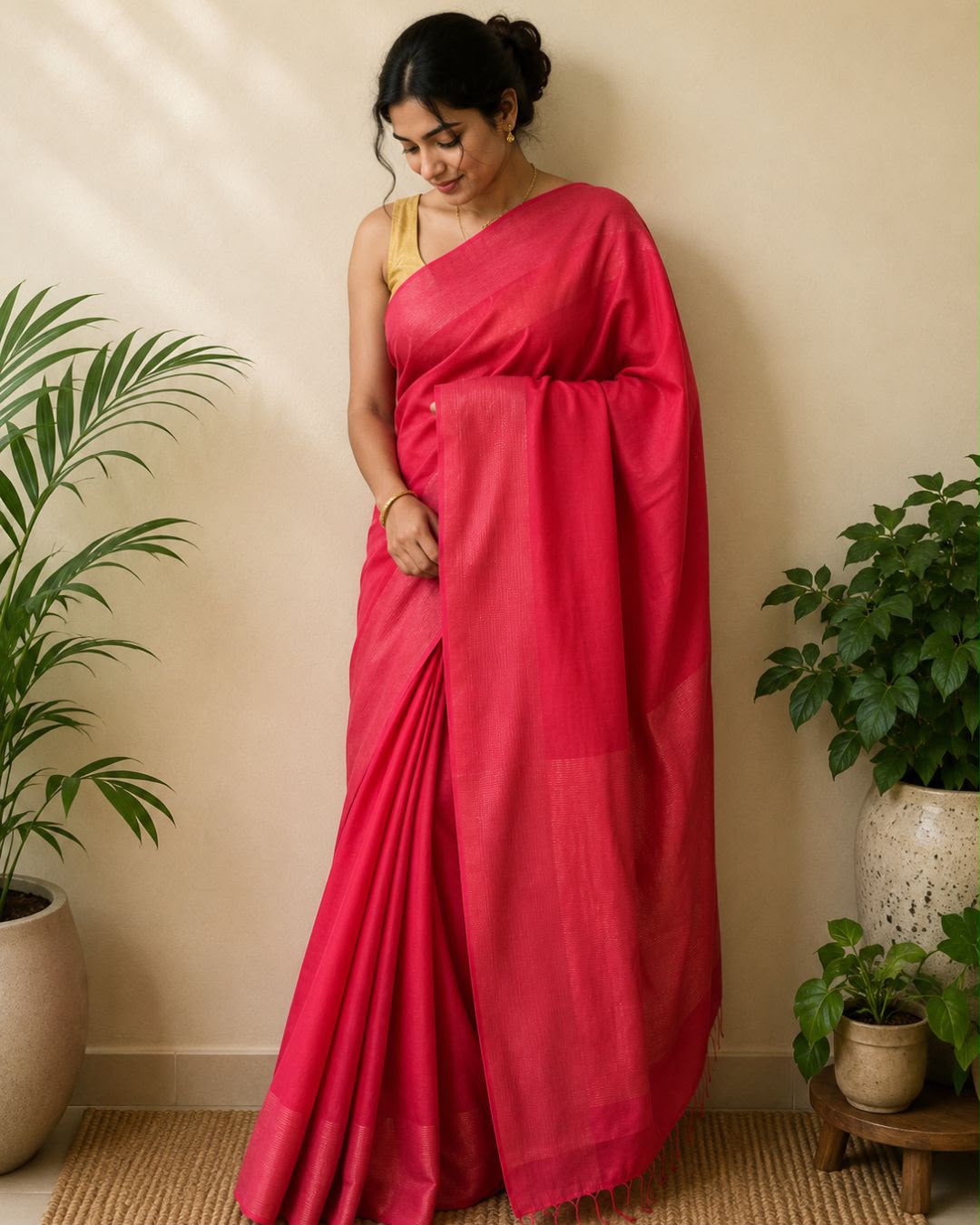 Red Tissue Border Plain Cotton Saree