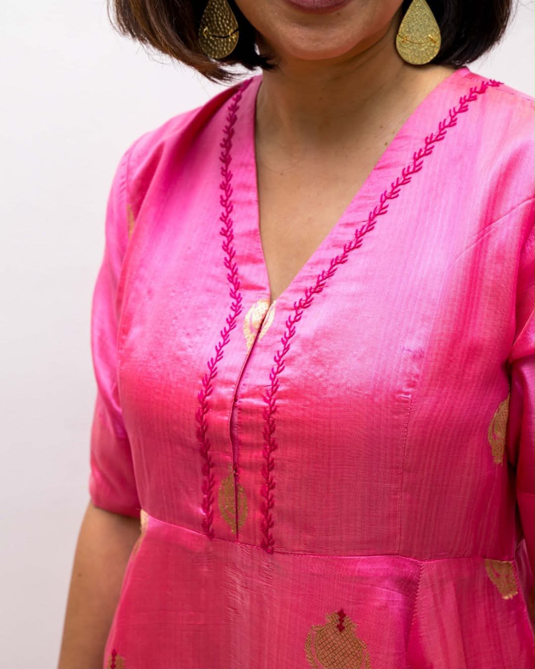 Pink Chanderi Gold Tissue Border Dress