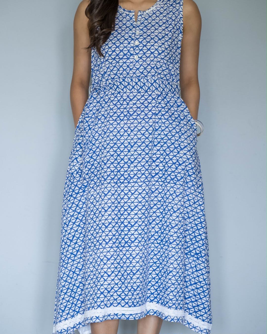 White Blue Geometric Sleeveless Vest Belt Cotton Dress