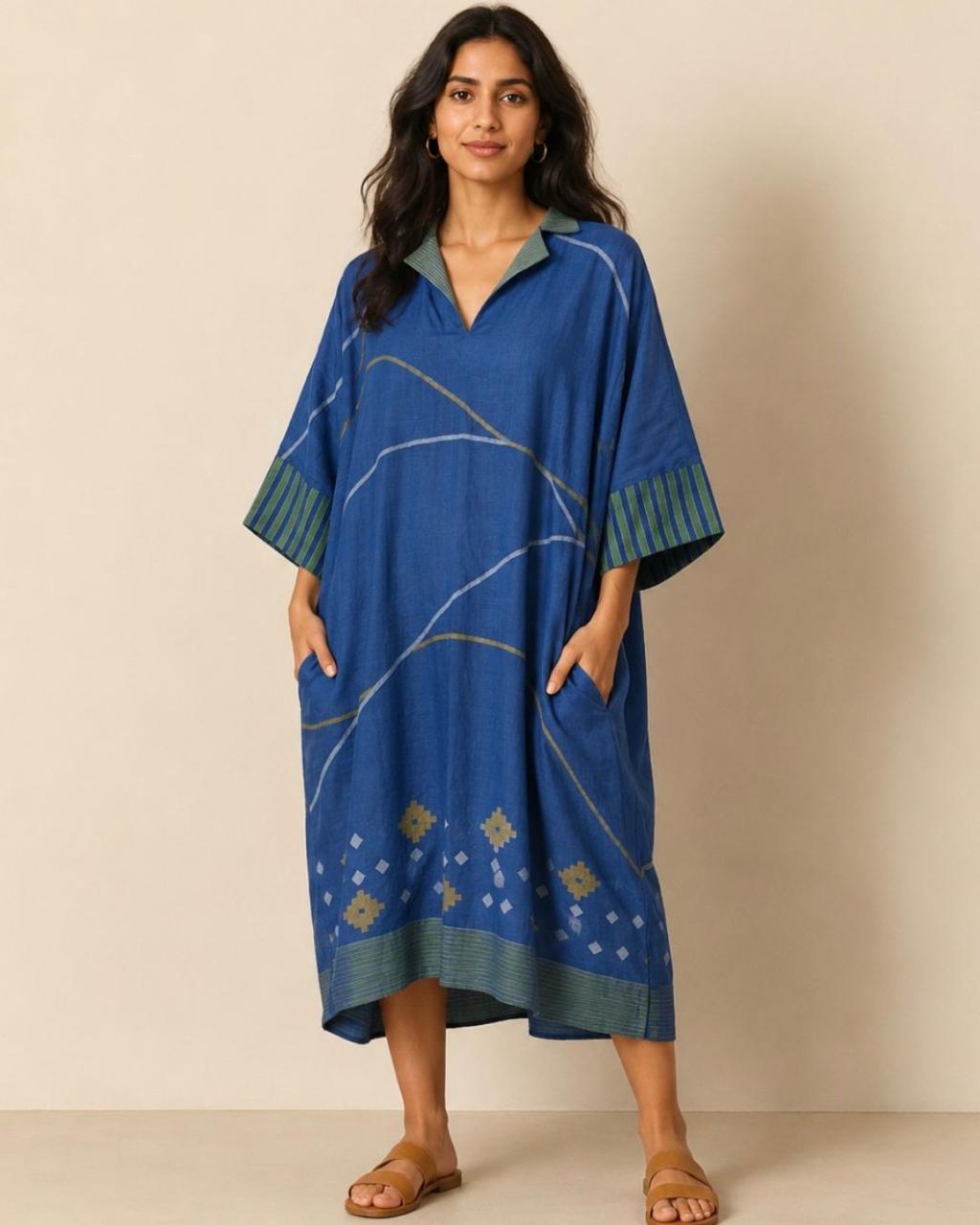 Blue Notch Collar Jamdani Cotton Dress