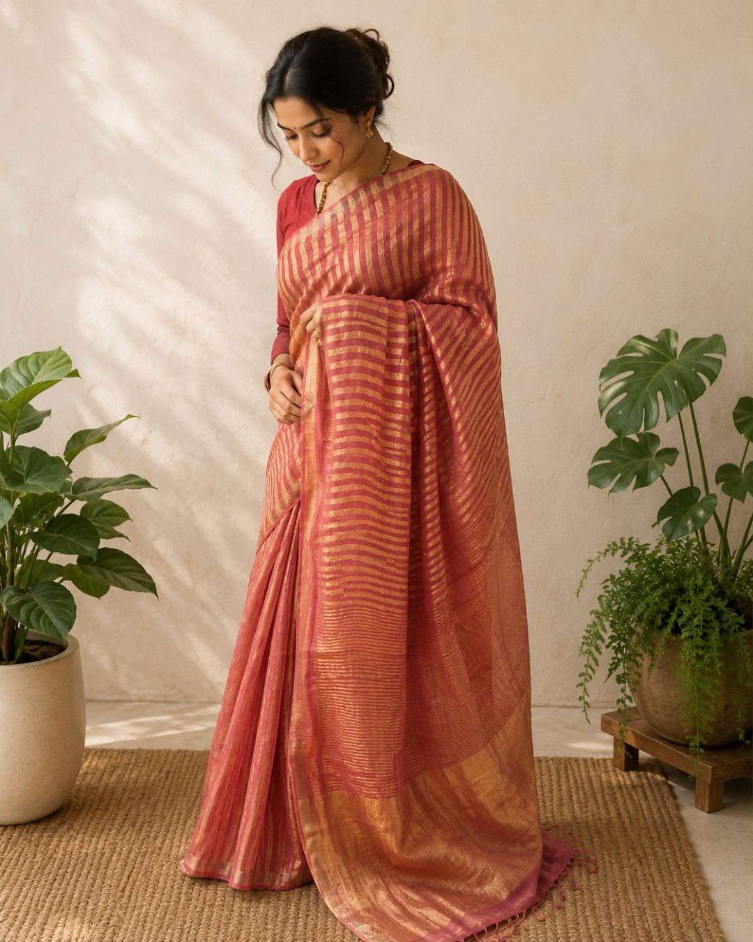 Pink Linen Gold Tissue Stripes Saree