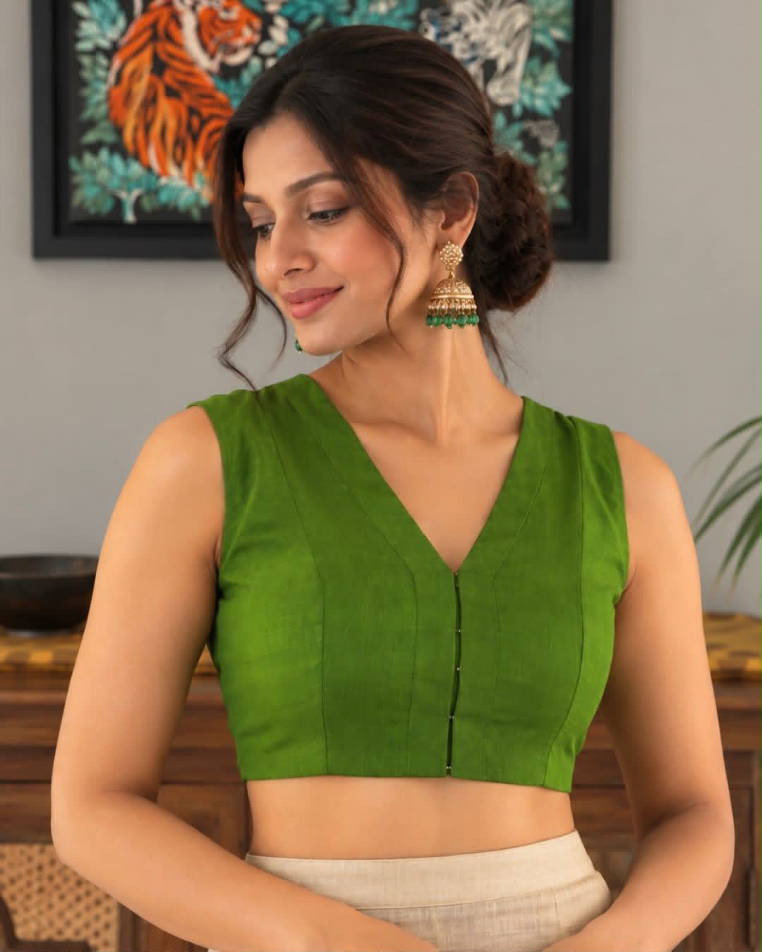 Green V Neck Sleeveless Tussar Silk Blouse