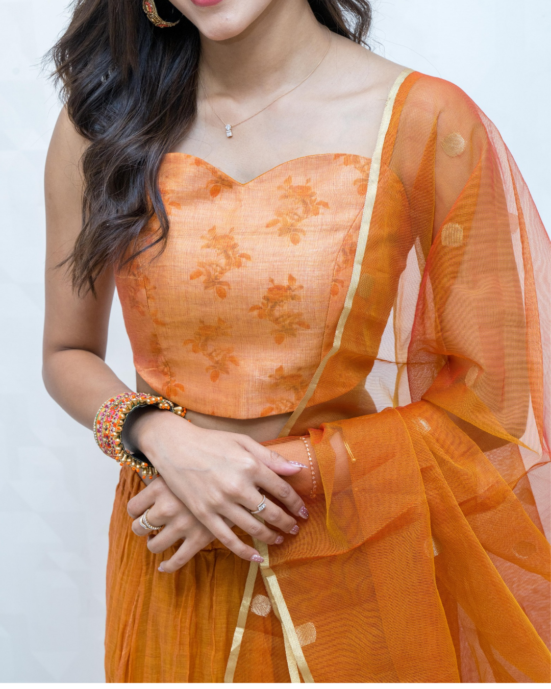 Orange Pink Boota Net Dupatta