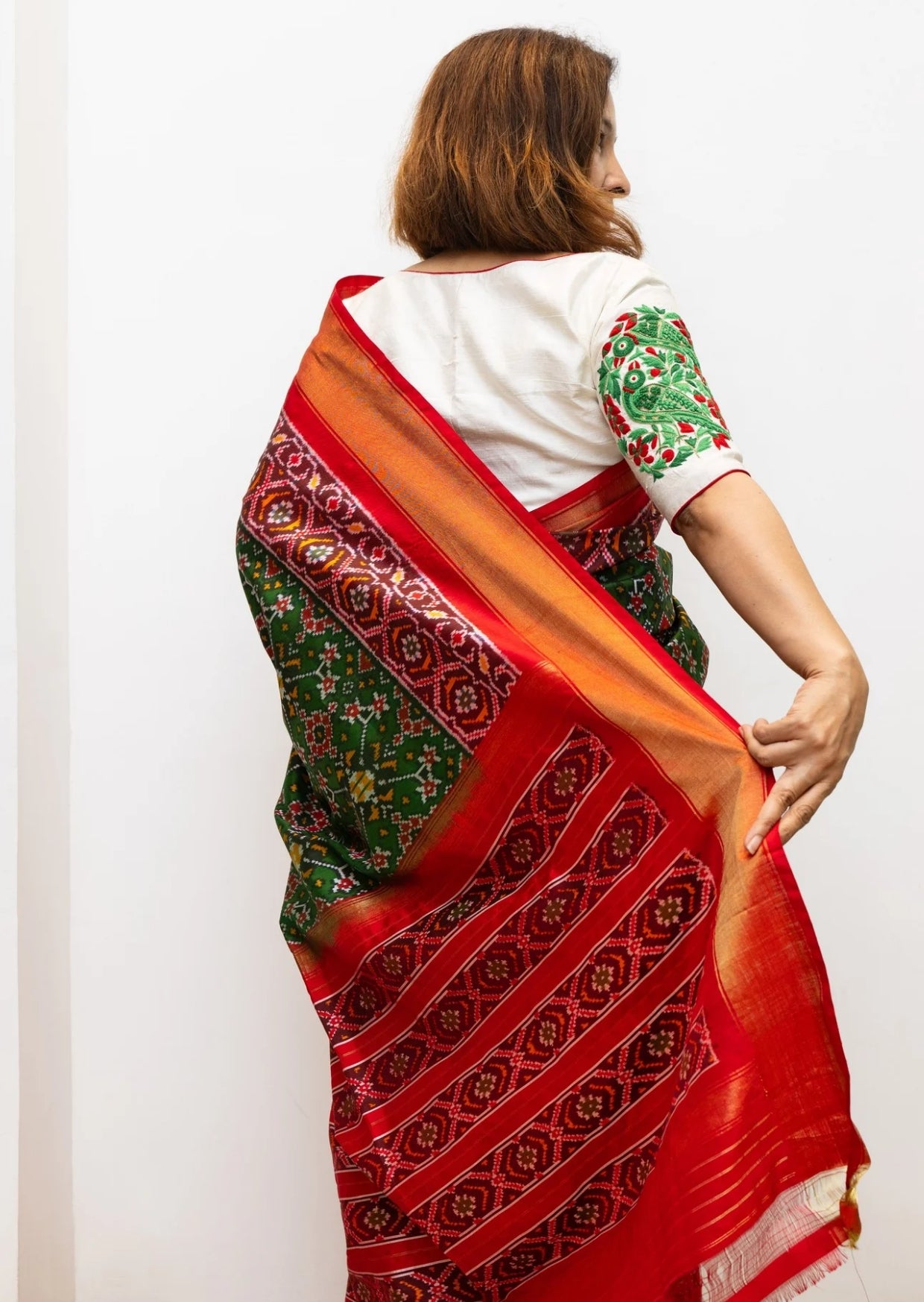 Green and Red Silk Ikat Saree