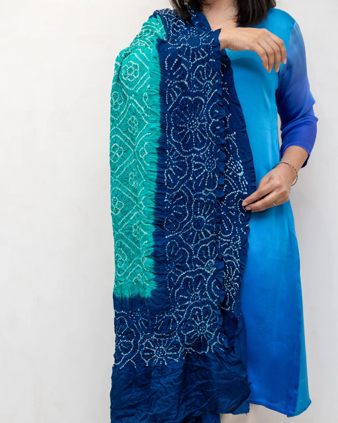 Nevy Blue Border Green Bandhini Gajji Slik Duppata