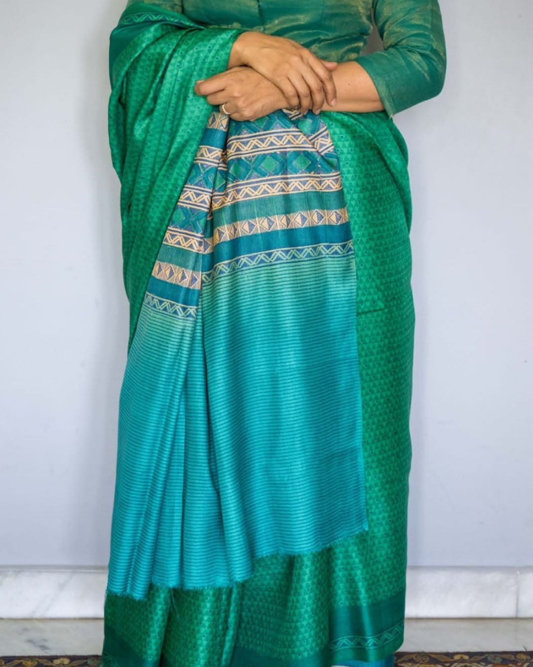 Green Triangle Printed Tussar Silk