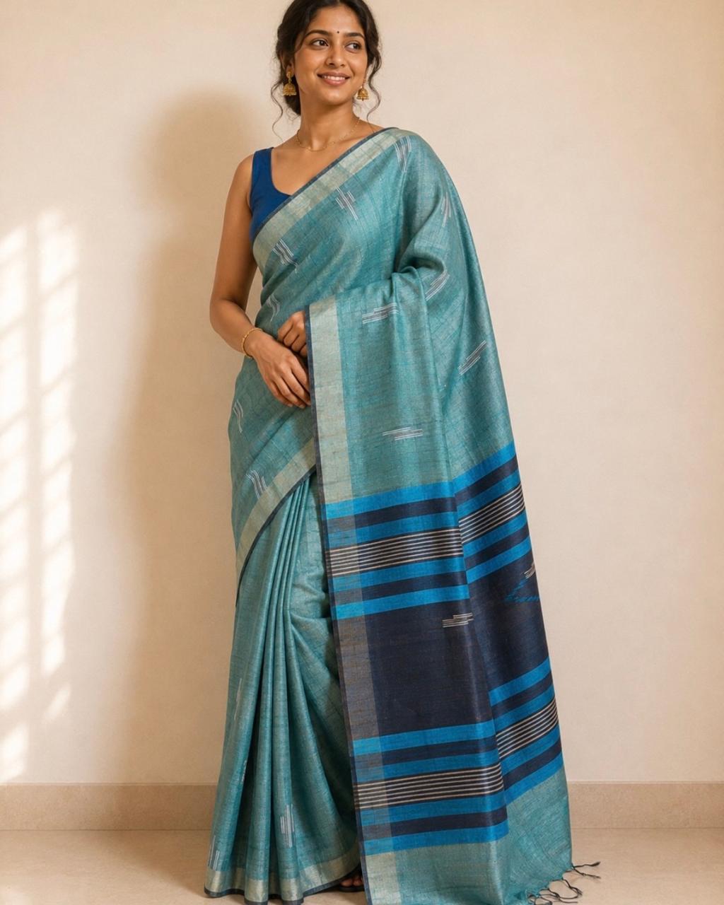 Teal Blue Tussar Silk Saree