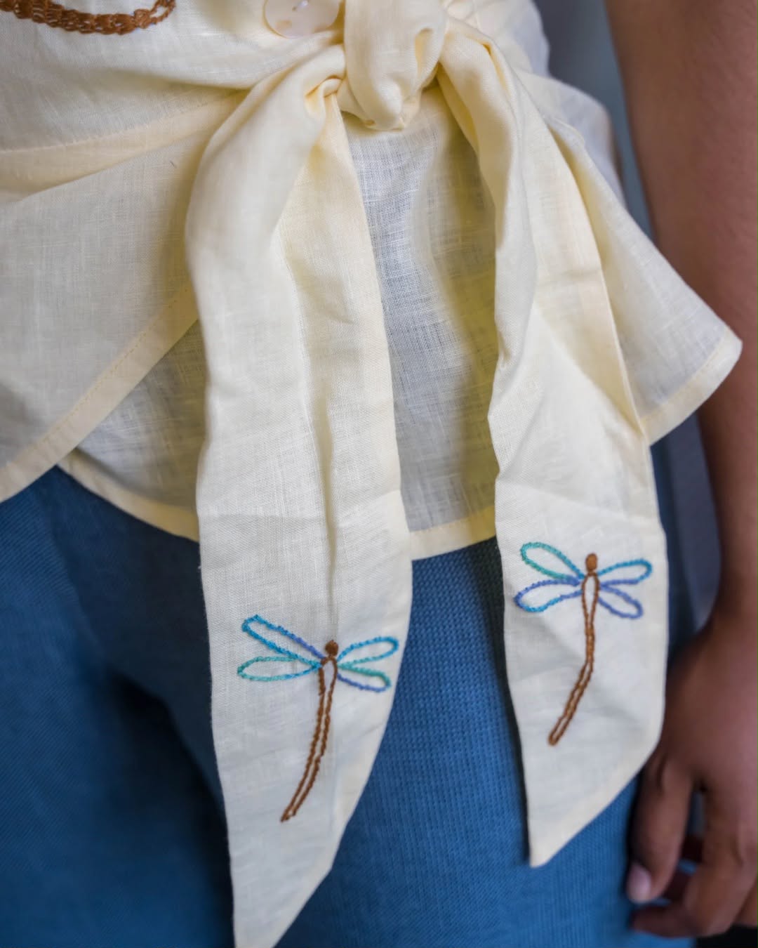 Yellow Dragonfly Embroidery Wrap Linen Top