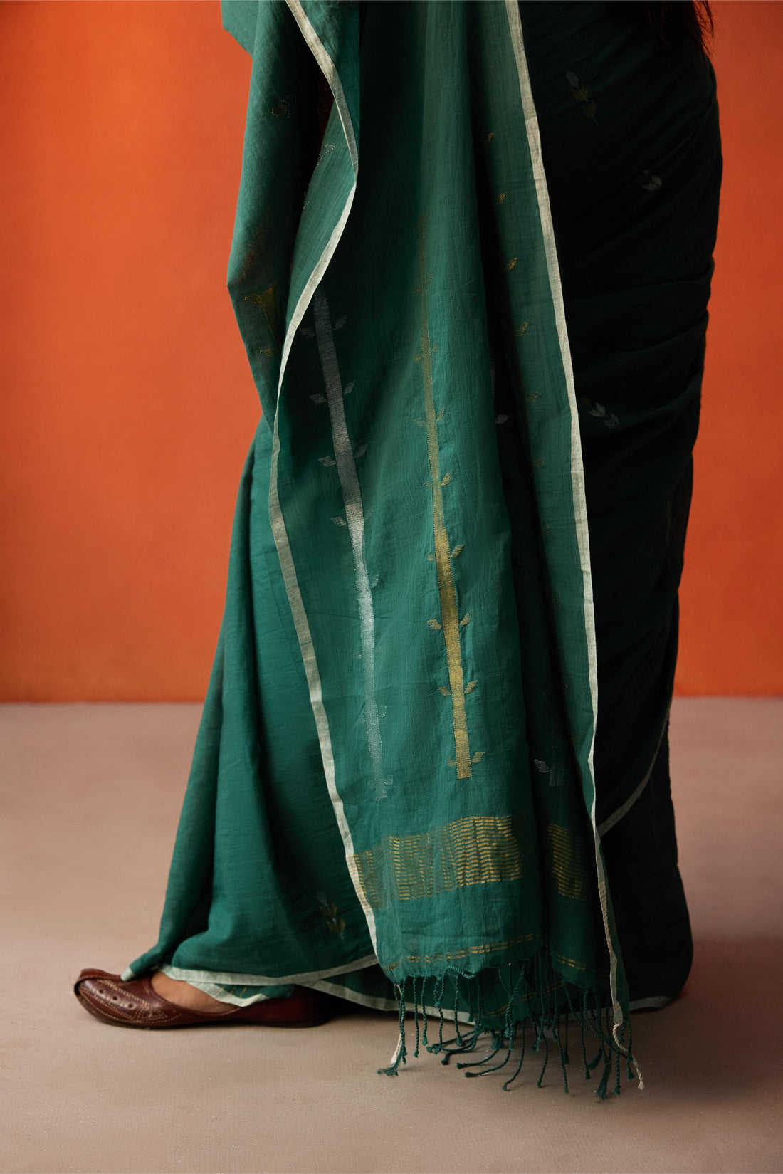 Green Silver Gold Jamdani Cotton Saree