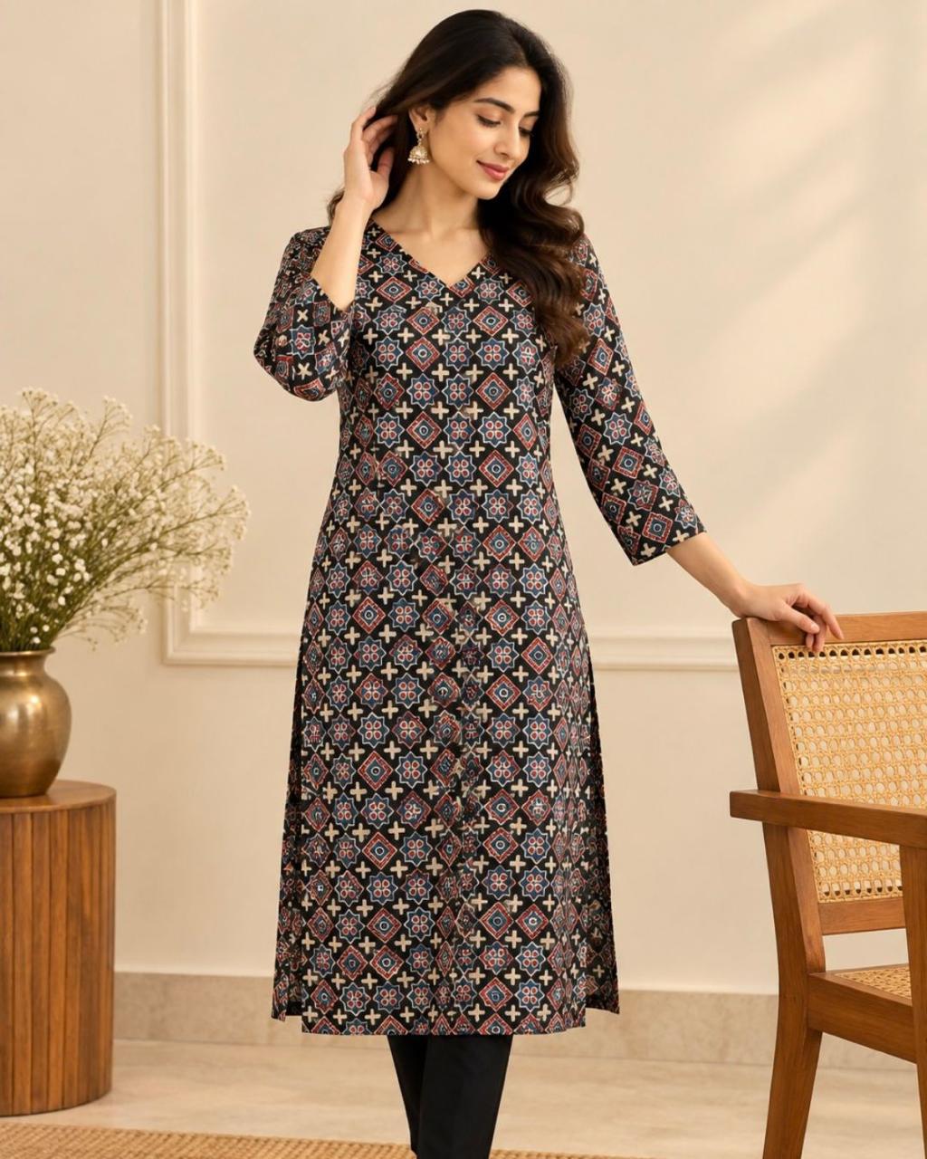 Black Ajrakh Printed V Neck Modal Silk Long Kurta