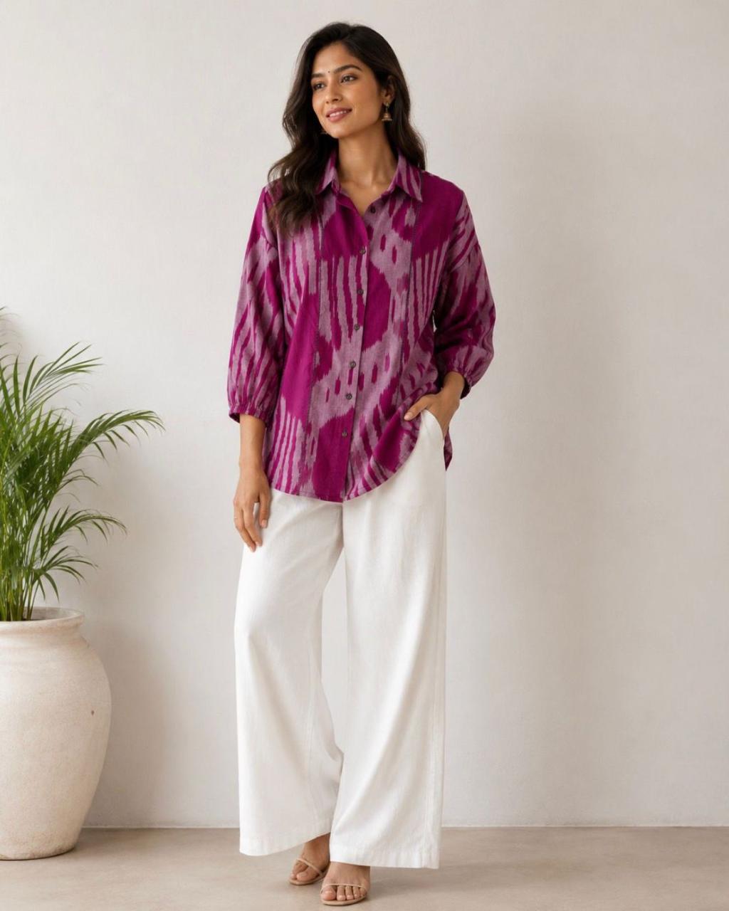 Pink Shirt Collar Ikat Cotton Top