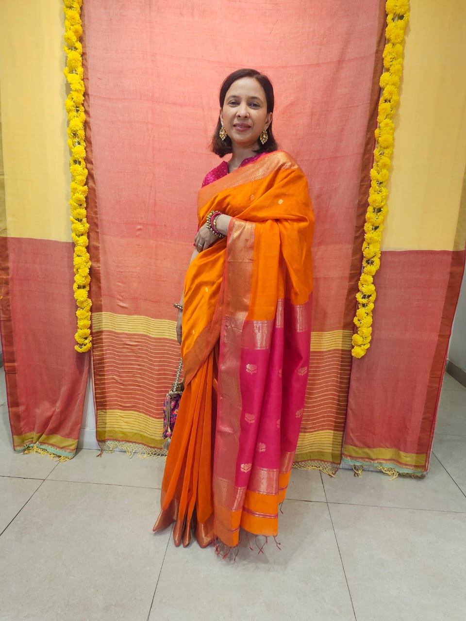 Orange Pink Lotus Buti Maheswari Silk Cotton Puja Saree
