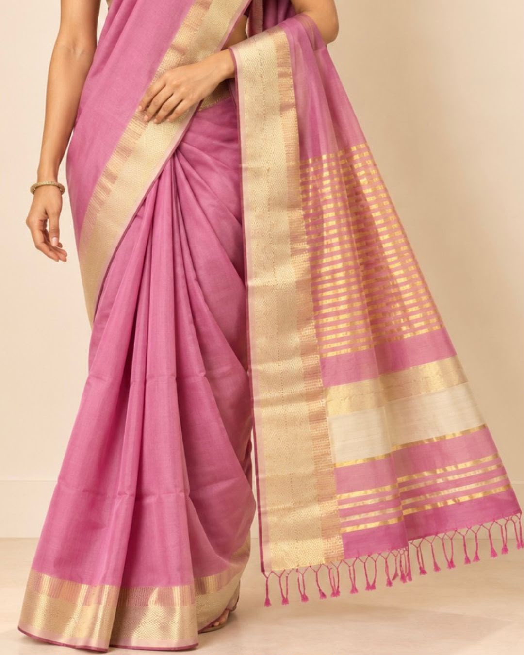 Pink Gold Zari Border and Striped Pallu with Tassels Maheshwari Silk Cotton Saree