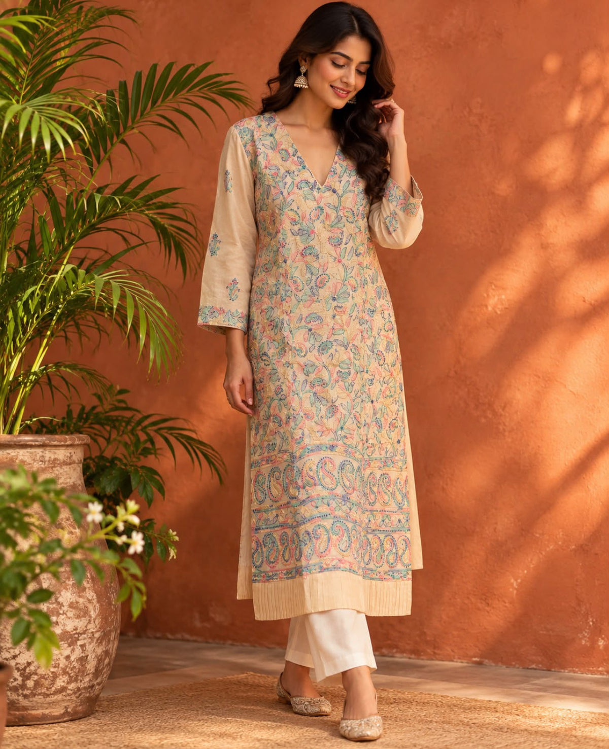 Off White Chikankari Embroidery Tussar Silk Kurta - samasta.in