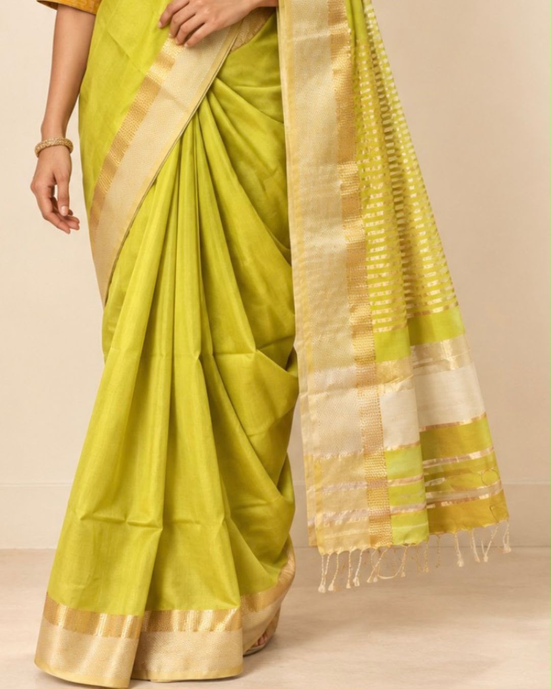 Green Gold Zari Border and Striped Pallu with Tassels Maheshwari Silk Cotton Saree