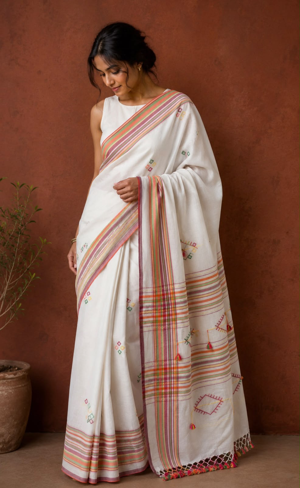 White Striped Border Jamdani Saree