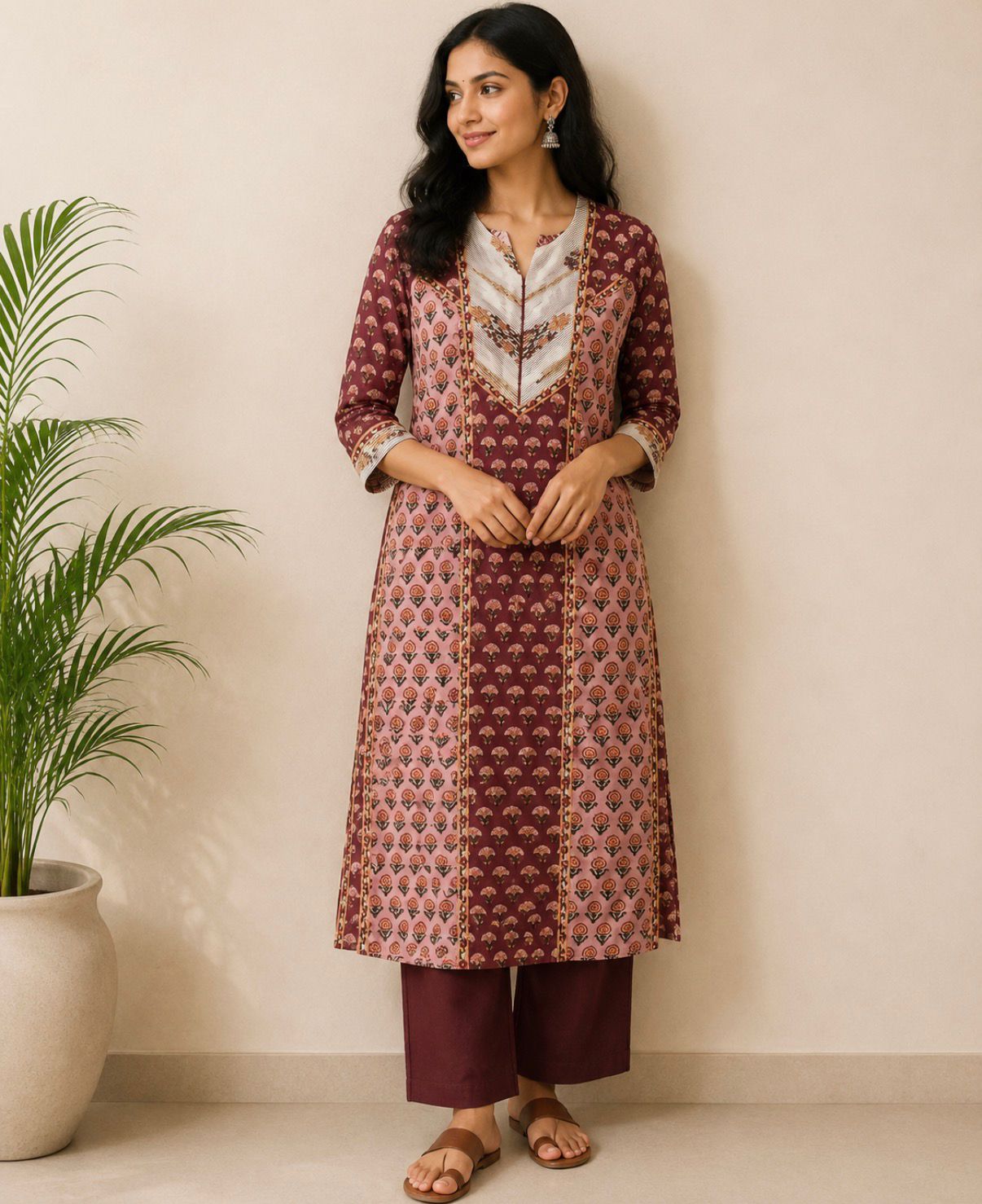 Maroon Deepam Neck Floral Cotton Kurta
