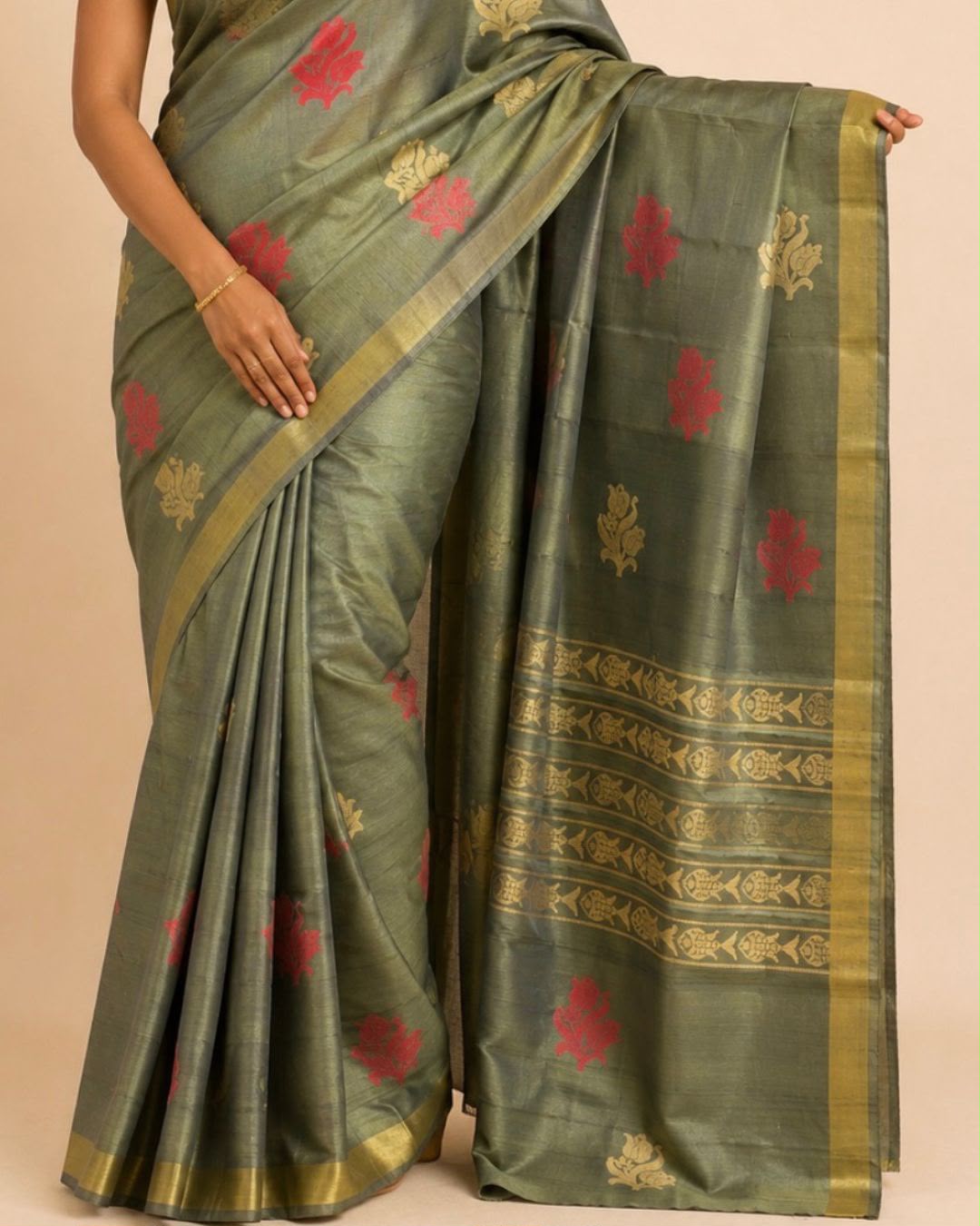 Green Thread Woven Tussar Silk Saree