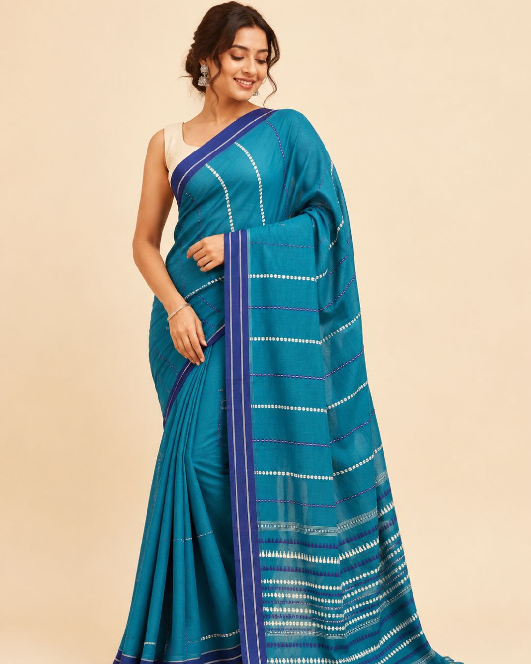 Peacock Blue Jamdani Cotton Saree