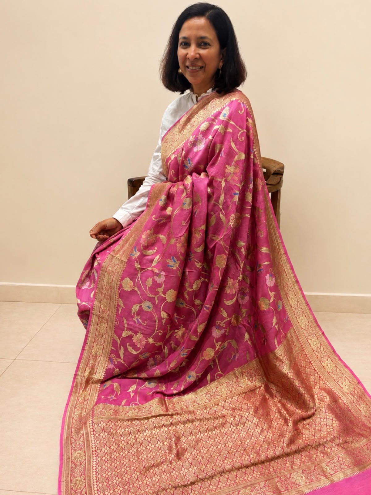 Pink Floral Banarasi Tussar Georgette Silk Saree
