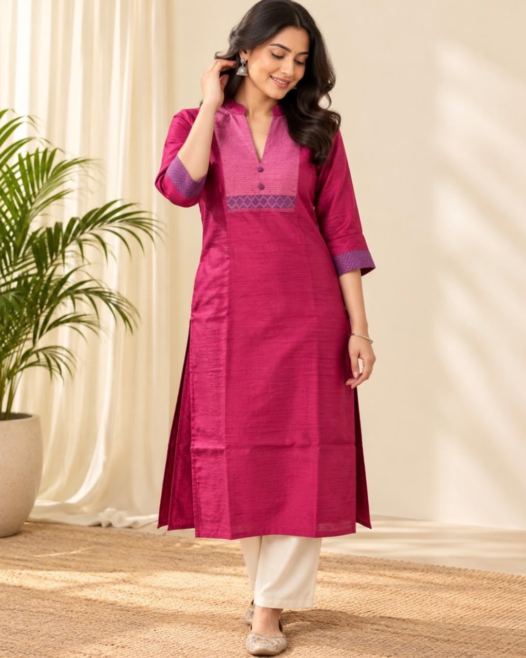 Pink Chinese Collar Printed Yoke Tussar Silk Kurta