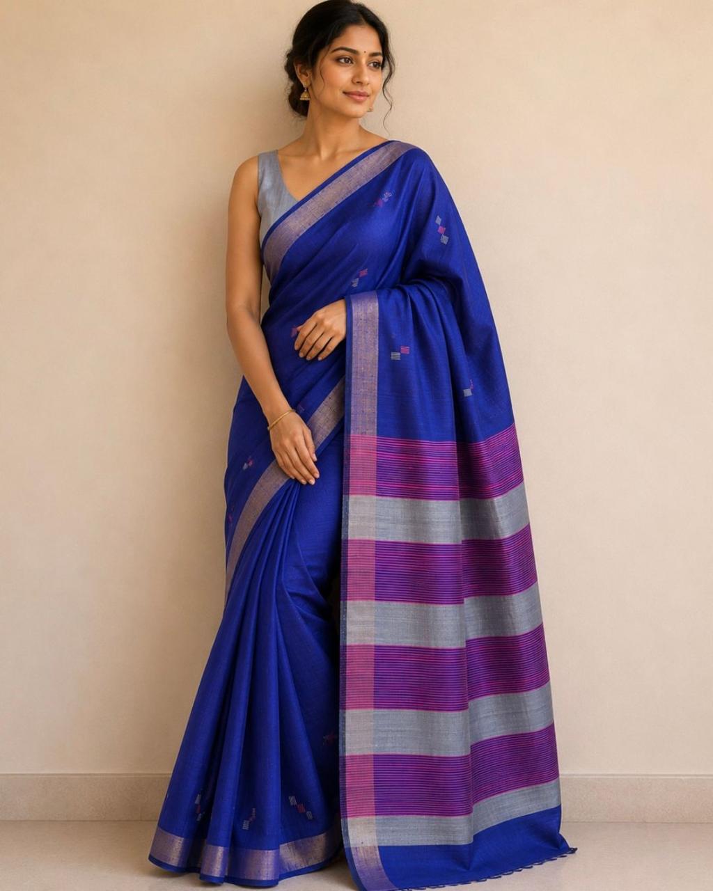 Blue Striped Pink Pallu Tussar Silk Saree