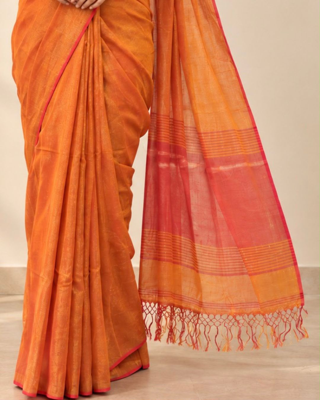 Sunset Orange Red Fulia Cotton Tissue Saree