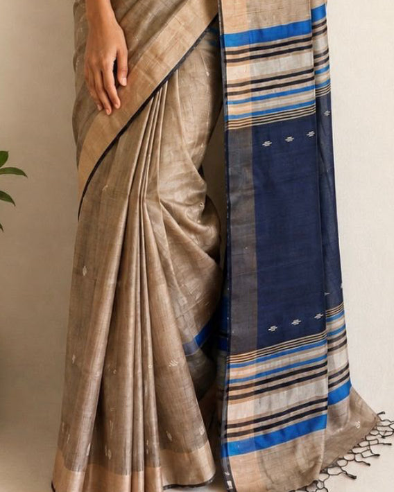 Beige Bhagalpur Tussar Silk Saree - samasta.in #