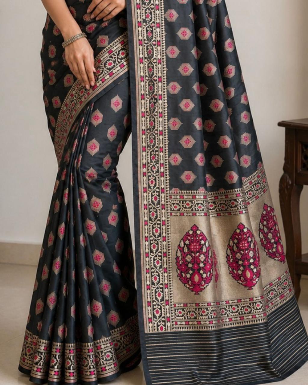 Black Banarasi Tissue Silk Saree