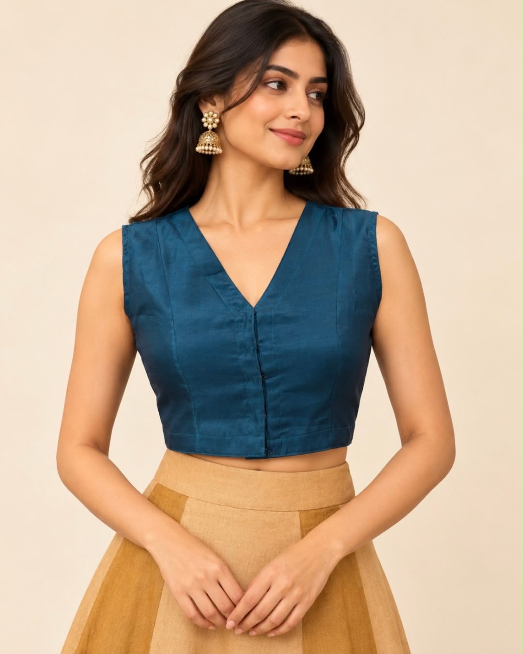 Peacock Blue V Neck Sleeveless Silk Blouse