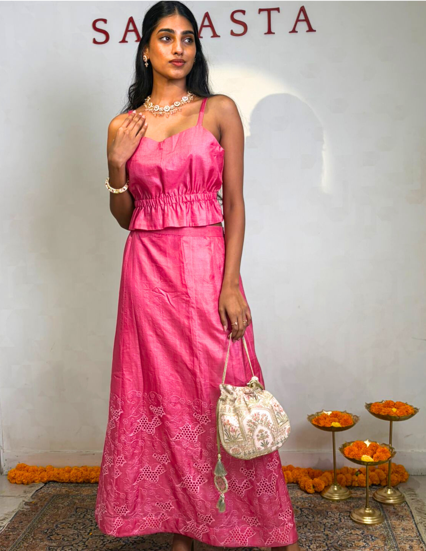 Pink Tussar Peplum Sleevless Top
