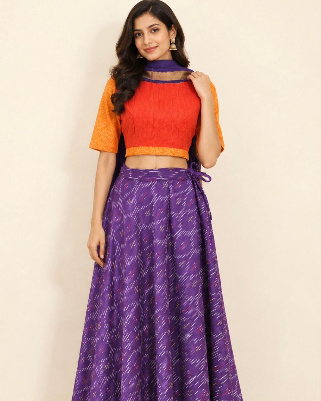 Orange Sleeves Kantha Embroidery Cotton Blouse