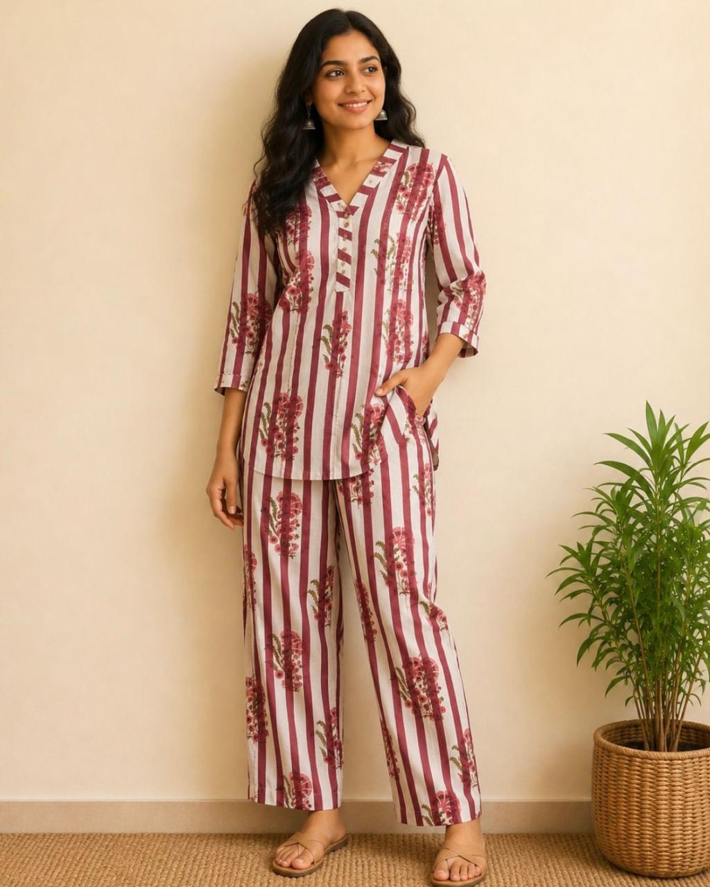 Pink White Striped Cotton Co Ord Set