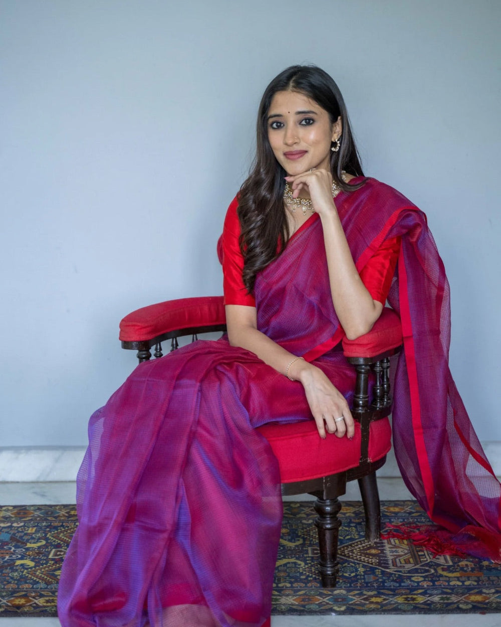 Mina Fulia saree in red blue shot— cotton silk, handcrafted by Indian artisans in Bengal