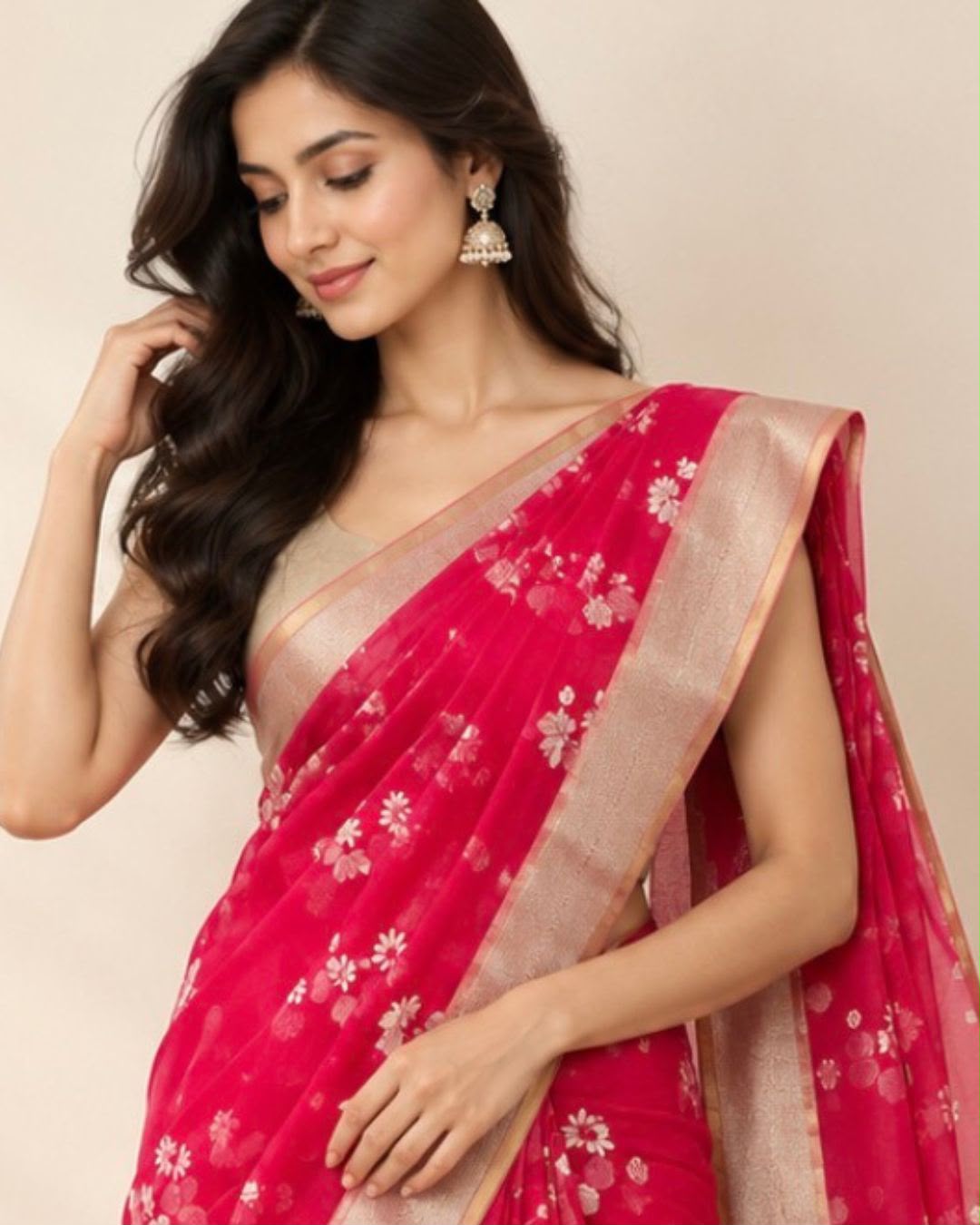 Pink jamdani Floral Marm Chanderi Silk Cotton Saree