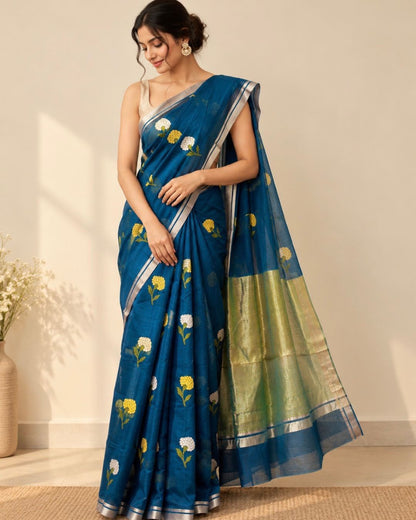 Blue jamdani Floral Marm Chanderi Silk Cotton Saree