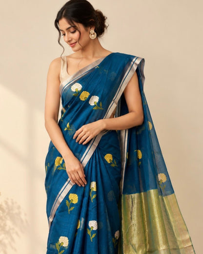 Blue jamdani Floral Marm Chanderi Silk Cotton Saree