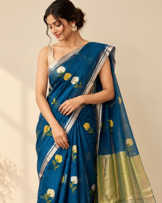 Blue jamdani Floral Marm Chanderi Silk Cotton Saree