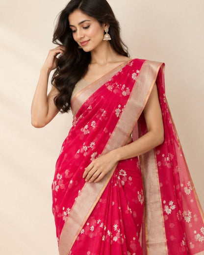 Pink jamdani Floral Marm Chanderi Silk Cotton Saree