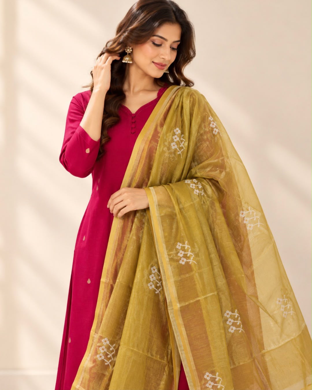 Mustard Green Jamdani Floral Printed Marm Chanderi Silk Cotton Dupatta